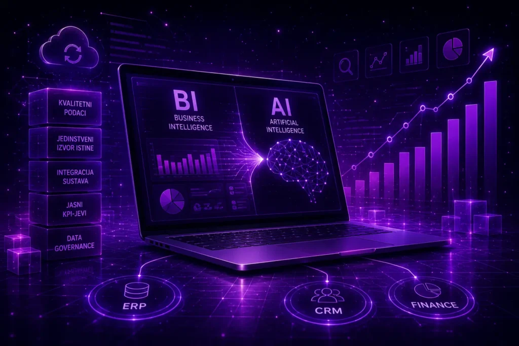 Ilustracija odnosa umjetne inteligencije (AI) i poslovne inteligencije (BI) s kvalitetnim podacima, KPI-jevima, ERP, CRM i data governance kao temeljem uspješne AI implementacije.