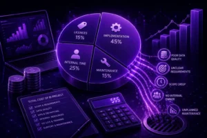 Illustration showing the real cost of a BI project, including implementation, software licenses, internal resources, maintenance, and data warehouse integration.