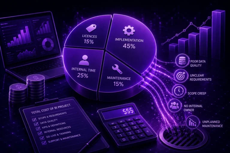 Illustration showing the real cost of a BI project, including implementation, software licenses, internal resources, maintenance, and data warehouse integration.